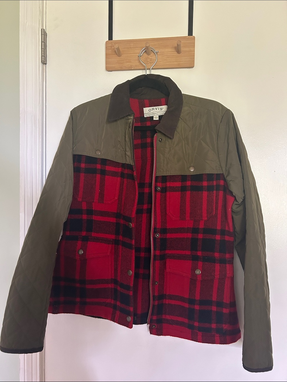 Orvis Red Plaid with Olive Quilted Yoke & Sleeves Jacket